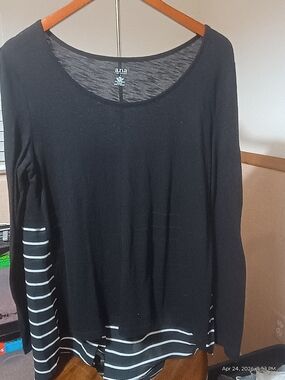 a.n.a Black Long Sleeve Scoop Neck Top with White Striped Hem